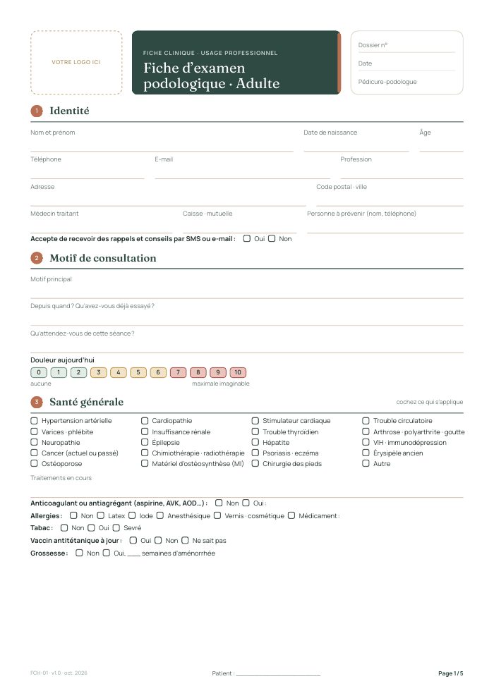 Fiche d'examen podologique adulte